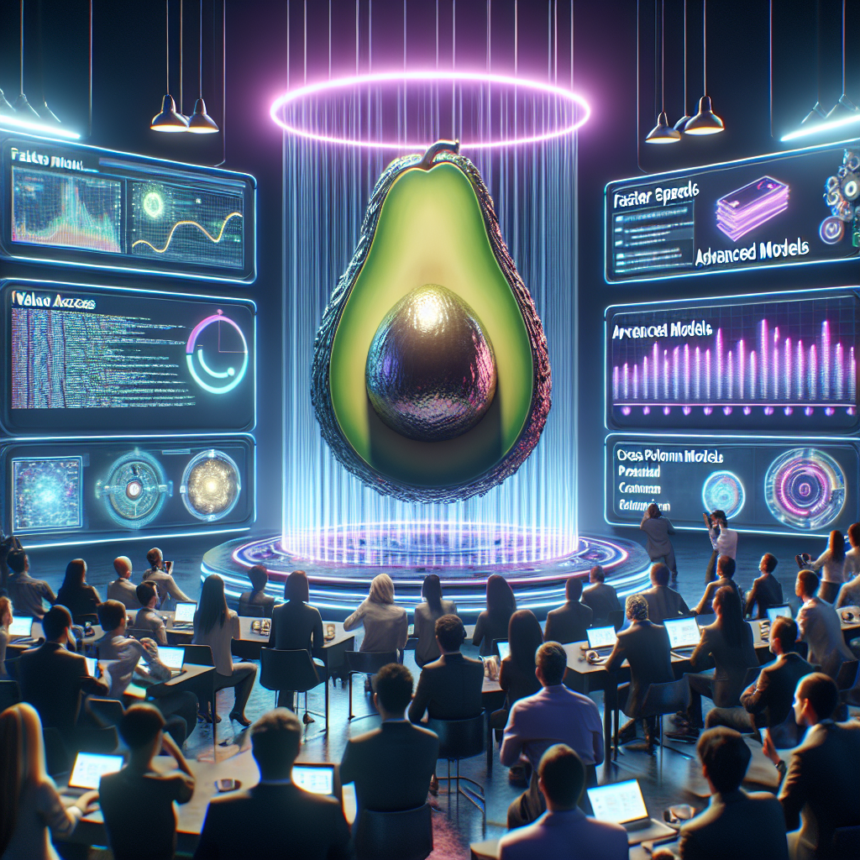 Et futuristisk konferencelokale med mennesker, der sidder og ser på en stor holografisk avocado omgivet af lysende datatabeller, grafer og digitale skærme, hvilket tyder på en højteknologisk præsentation om avocadoer. - Kunstig intelligens AI