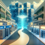 Et futuristisk gadebillede med computerforretninger på begge sider og en glødende, digital datastrøm, der løber ned gennem midten og fører til store, svævende kuber, der symboliserer datalagring og teknologi. - Kunstig intelligens AI