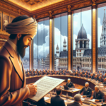 En mand i turban læser et dokument i et udsmykket konferencelokale med høje vinduer, hvor embedsmænd sidder ved et langt bord. Udenfor ses bygninger i europæisk stil under en delvis overskyet himmel. - Kunstig intelligens AI