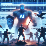En gigantisk AI-figur lyser op bag et browservindue og står over for bevæbnede soldater og et skjold med et cybersikkerhedssymbol, som symboliserer et opgør mellem kunstig intelligens og cybersikkerhedsforsvaret. - Kunstig intelligens AI