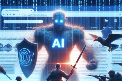 En gigantisk AI-figur lyser op bag et browservindue og står over for bevæbnede soldater og et skjold med et cybersikkerhedssymbol, som symboliserer et opgør mellem kunstig intelligens og cybersikkerhedsforsvaret. - Kunstig intelligens AI