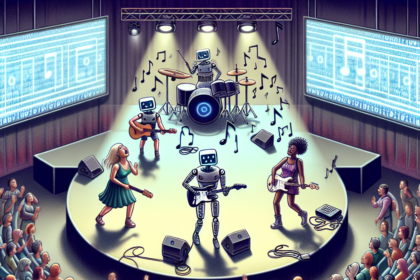 Et band med menneske- og robotmusikere optræder på scenen for et begejstret publikum med noder, der svæver i luften, og digitale skærme, der viser musiksymboler i baggrunden. - Kunstig intelligens AI