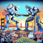 To store robotter, den ene med et amerikansk flag og den anden, der ligner Frihedsgudinden, leger tovtrækning med et reb. Menneskemængder, penge og vartegn som Golden Gate Bridge og skyskrabere fylder scenen. - Kunstig intelligens AI