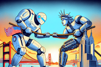 To store robotter, den ene med et amerikansk flag og den anden, der ligner Frihedsgudinden, leger tovtrækning med et reb. Menneskemængder, penge og vartegn som Golden Gate Bridge og skyskrabere fylder scenen. - Kunstig intelligens AI