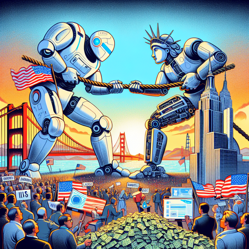 To store robotter, den ene med et amerikansk flag og den anden, der ligner Frihedsgudinden, leger tovtrækning med et reb. Menneskemængder, penge og vartegn som Golden Gate Bridge og skyskrabere fylder scenen. - Kunstig intelligens AI