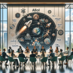 En mangfoldig gruppe sidder omkring et konferencebord foran en stor vægskærm med futuristisk grafik, diagrammer, raketter, tandhjul og planeter, hvor ordet Allol og forskellige projektudtryk er tydeligt synlige. - Kunstig intelligens AI