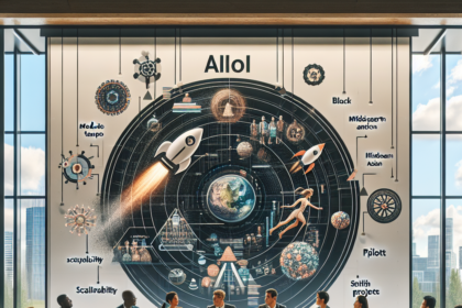 En mangfoldig gruppe sidder omkring et konferencebord foran en stor vægskærm med futuristisk grafik, diagrammer, raketter, tandhjul og planeter, hvor ordet Allol og forskellige projektudtryk er tydeligt synlige. - Kunstig intelligens AI