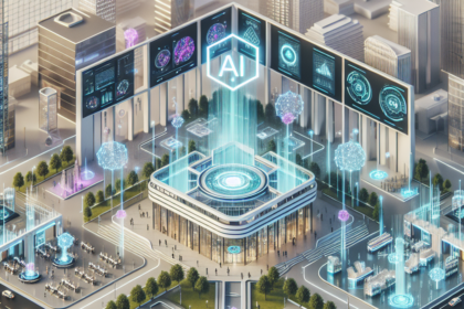Et futuristisk bytorv med digitale skærme og hologrammer, der viser AI-symboler og -data. Moderne bygninger og træer omgiver en central, højteknologisk bygning, og mennesker og biler bevæger sig rundt i området. - Kunstig intelligens AI