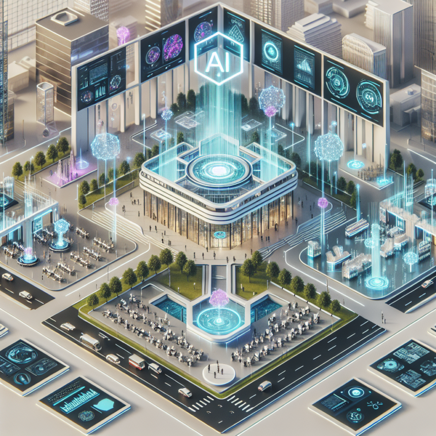 Et futuristisk bytorv med digitale skærme og hologrammer, der viser AI-symboler og -data. Moderne bygninger og træer omgiver en central, højteknologisk bygning, og mennesker og biler bevæger sig rundt i området. - Kunstig intelligens AI