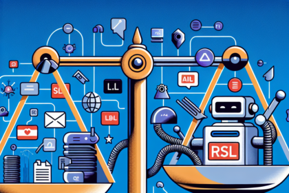 En digital illustration af en balancevægt med stakke af dokumenter og mapper på den ene side og en robot mærket "RSL" på den anden, omgivet af forskellige sammenkoblede teknologi- og kommunikationsikoner. - Kunstig intelligens AI