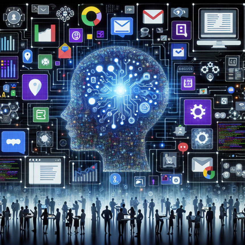 En digital illustration af et menneskehoved med kredsløb indeni, omgivet af teknologiikoner og skærme, der symboliserer kunstig intelligens og datanetværk. Silhuettegnede mennesker interagerer nedenunder og fremhæver teknologidrevet samarbejde. - Kunstig intelligens AI