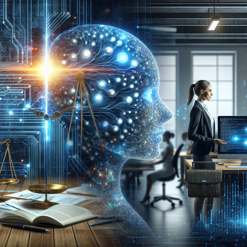 En digital illustration blander et lysende AI-hoved, kredsløb og neurale netværk med en retsskala og en lovbog, mens en forretningskvinde arbejder ved en computer på et moderne kontor, hvilket symboliserer AI's rolle inden for jura og teknologi. - Kunstig intelligens AI