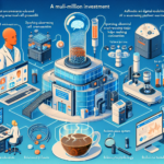 En illustration af et futuristisk medicinsk laboratorium med avanceret teknologi, AI-drevne maskiner, læger og skærme med digitale sundhedsdata, som alle fokuserer på medicinsk innovation og investering. I forgrunden ses en kop kaffe. - Kunstig intelligens AI