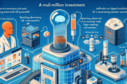 En illustration af et futuristisk medicinsk laboratorium med avanceret teknologi, AI-drevne maskiner, læger og skærme med digitale sundhedsdata, som alle fokuserer på medicinsk innovation og investering. I forgrunden ses en kop kaffe. - Kunstig intelligens AI