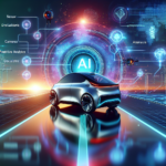 En futuristisk elbil kører på en digital vej, omgivet af lysende AI-relateret grafik og tech-ikoner, der symboliserer avanceret autonom køretøjsteknologi og integration af kunstig intelligens. - Kunstig intelligens AI