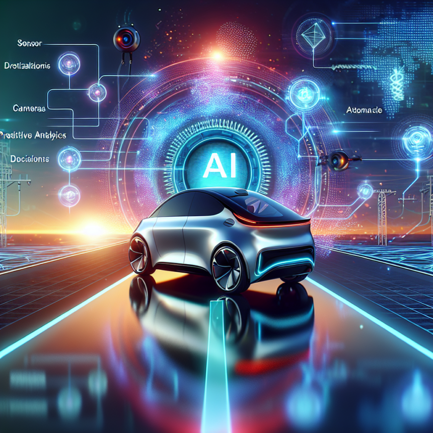 En futuristisk elbil kører på en digital vej, omgivet af lysende AI-relateret grafik og tech-ikoner, der symboliserer avanceret autonom køretøjsteknologi og integration af kunstig intelligens. - Kunstig intelligens AI