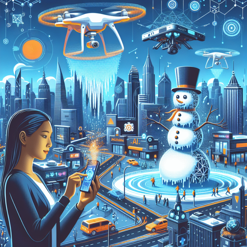 En kvinde bruger en smartphone i en futuristisk by med overflyvende droner, digitale skærme og en stor snemand på en central plads. Folk skøjter nedenfor, og teknologiske elementer som AI og smarte enheder omgiver scenen. - Kunstig intelligens AI
