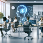 Moderne kontor med forskellige fagfolk, der arbejder ved skriveborde på computere, med en stor digital illustration af et menneskehoved med kredsløb på væggen, der symboliserer kunstig intelligens og teknologiintegration. - Kunstig intelligens AI