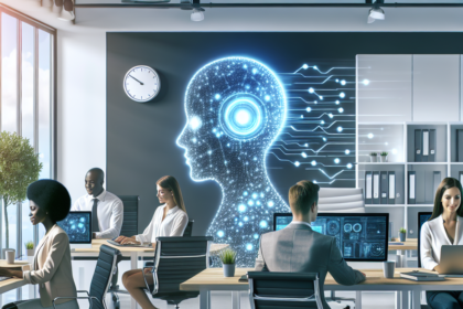 Moderne kontor med forskellige fagfolk, der arbejder ved skriveborde på computere, med en stor digital illustration af et menneskehoved med kredsløb på væggen, der symboliserer kunstig intelligens og teknologiintegration. - Kunstig intelligens AI