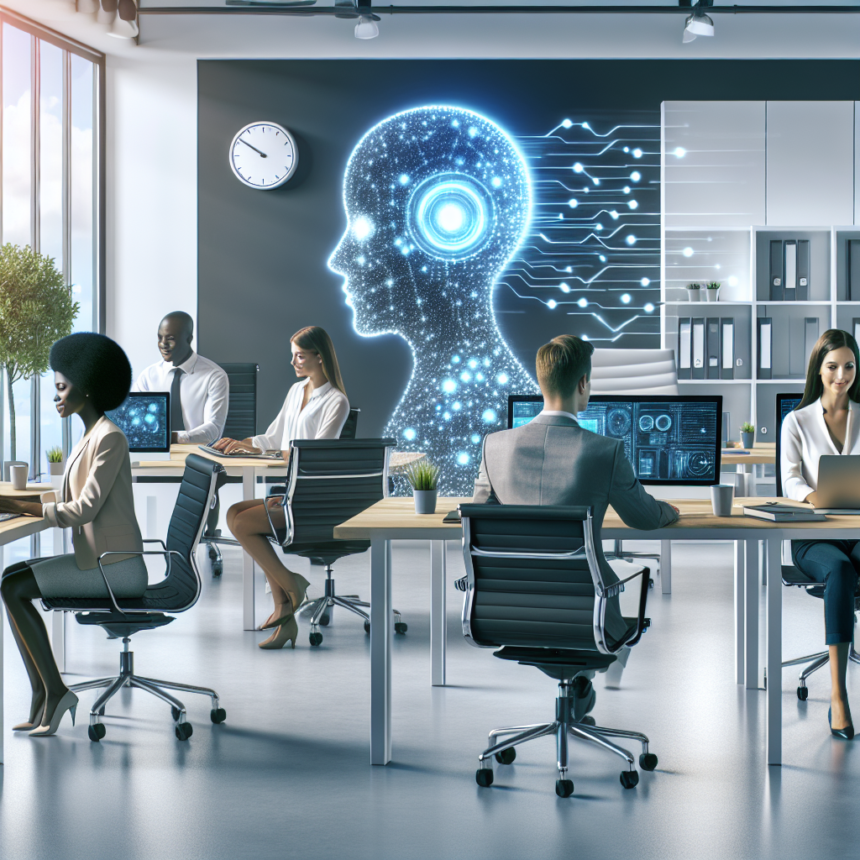 Moderne kontor med forskellige fagfolk, der arbejder ved skriveborde på computere, med en stor digital illustration af et menneskehoved med kredsløb på væggen, der symboliserer kunstig intelligens og teknologiintegration. - Kunstig intelligens AI