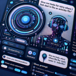 En futuristisk digital brugerflade viser en stiliseret menneskefigur med hovedtelefoner, omgivet af lysende knapper og tekstbeskeder, der beder om musik til regnvejrsdage og indiefilmstemninger. Designet har lyse neonblå og lilla accenter. - Kunstig intelligens AI