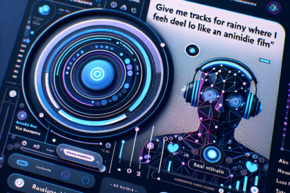 En futuristisk digital brugerflade viser en stiliseret menneskefigur med hovedtelefoner, omgivet af lysende knapper og tekstbeskeder, der beder om musik til regnvejrsdage og indiefilmstemninger. Designet har lyse neonblå og lilla accenter. - Kunstig intelligens AI