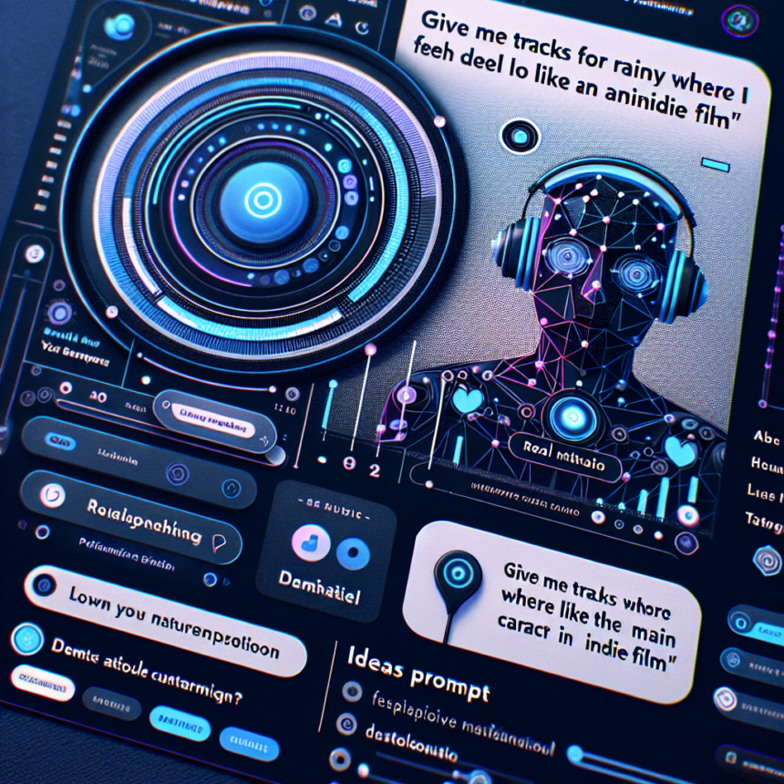 En futuristisk digital brugerflade viser en stiliseret menneskefigur med hovedtelefoner, omgivet af lysende knapper og tekstbeskeder, der beder om musik til regnvejrsdage og indiefilmstemninger. Designet har lyse neonblå og lilla accenter. - Kunstig intelligens AI