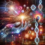 En robothånd rækker ud efter lysende DNA-strenge, farverige menneskesilhuetter og digitale symboler, der blander teknologi, biologi og kunstig intelligens i en livlig, futuristisk scene. - Kunstig intelligens AI