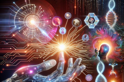 En robothånd rækker ud efter lysende DNA-strenge, farverige menneskesilhuetter og digitale symboler, der blander teknologi, biologi og kunstig intelligens i en livlig, futuristisk scene. - Kunstig intelligens AI