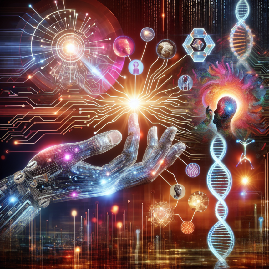 En robothånd rækker ud efter lysende DNA-strenge, farverige menneskesilhuetter og digitale symboler, der blander teknologi, biologi og kunstig intelligens i en livlig, futuristisk scene. - Kunstig intelligens AI
