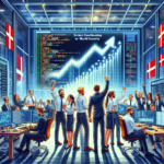 En gruppe fagfolk fejrer i et højteknologisk kontrolrum med danske flag og store digitale skærme, der viser stigende grafer og koder, som symboliserer succes inden for cybersikkerhed eller global strategi. - Kunstig intelligens AI