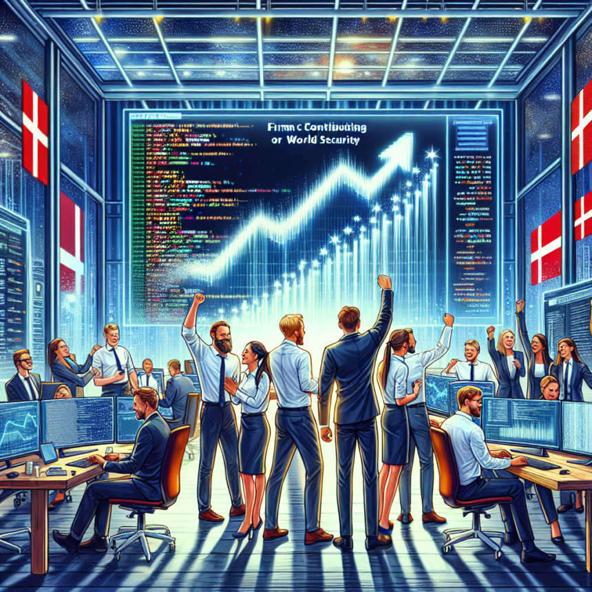 En gruppe fagfolk fejrer i et højteknologisk kontrolrum med danske flag og store digitale skærme, der viser stigende grafer og koder, som symboliserer succes inden for cybersikkerhed eller global strategi. - Kunstig intelligens AI