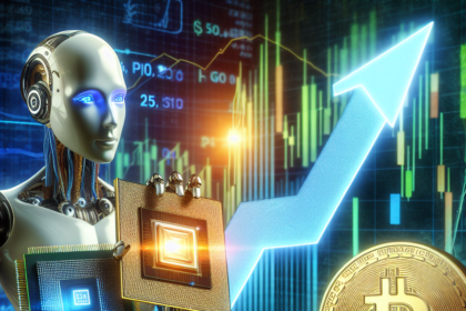 En humanoid robot holder computerchips ved siden af Bitcoin-mønter og en stigende pil med digitale finansielle diagrammer i baggrunden, hvilket symboliserer kunstig intelligens i kryptovalutahandel. - Kunstig intelligens AI
