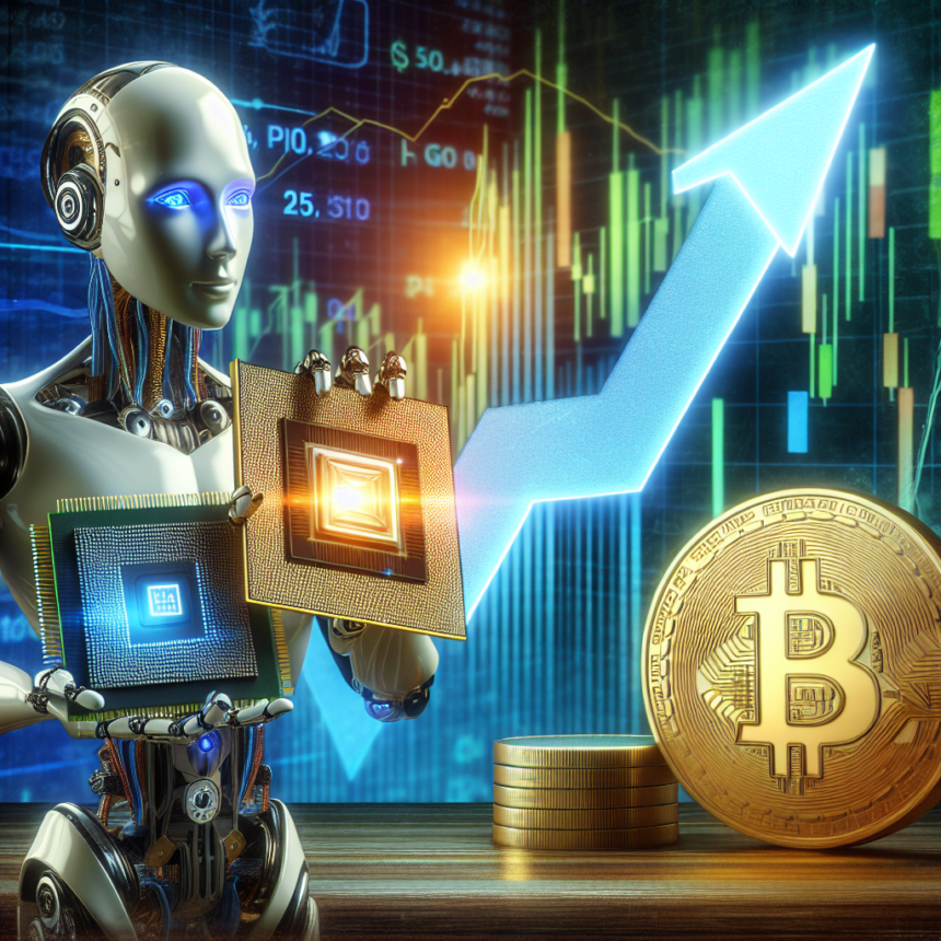 En humanoid robot holder computerchips ved siden af Bitcoin-mønter og en stigende pil med digitale finansielle diagrammer i baggrunden, hvilket symboliserer kunstig intelligens i kryptovalutahandel. - Kunstig intelligens AI