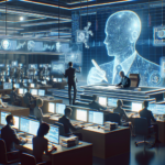 Et futuristisk kontor med mennesker, der arbejder ved computere, holografiske skærme, der viser data, og en stor digital figur af en person, der overvåger rummet og symboliserer avanceret kunstig intelligens, der overvåger driften. - Kunstig intelligens AI