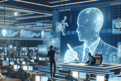 Et futuristisk kontor med mennesker, der arbejder ved computere, holografiske skærme, der viser data, og en stor digital figur af en person, der overvåger rummet og symboliserer avanceret kunstig intelligens, der overvåger driften. - Kunstig intelligens AI