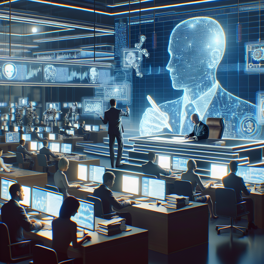 Et futuristisk kontor med mennesker, der arbejder ved computere, holografiske skærme, der viser data, og en stor digital figur af en person, der overvåger rummet og symboliserer avanceret kunstig intelligens, der overvåger driften. - Kunstig intelligens AI