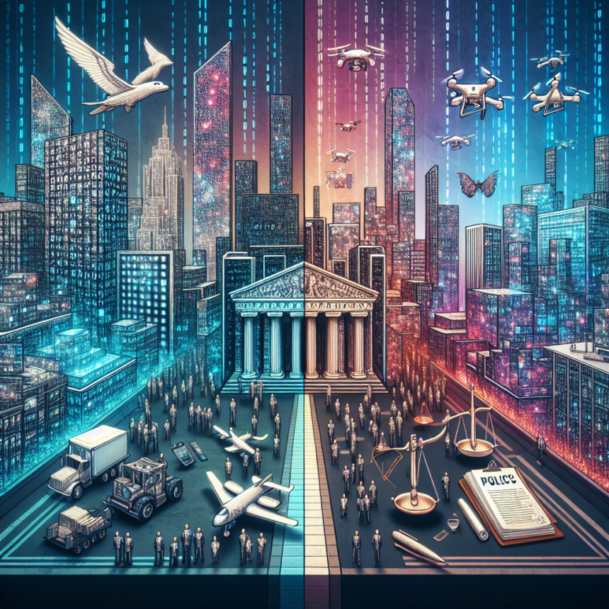 En by delt i to, den ene side blå og digital, den anden orange og analog. Mennesker, droner, fly, vægtskåle og en politifil omgiver en central retsbygning. Skyskrabere dominerer horisonten. - Kunstig intelligens AI
