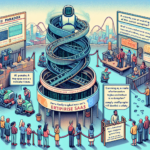I en futuristisk forlystelsespark er der en spiralformet rutsjebane kaldet Enterprise SaaS, omgivet af mennesker, der venter i kø, skilte med AI-tema og boder, der diskuterer AI-risici, sikkerhed og paradokser, alt sammen i en farverig tegneseriestil. - Kunstig intelligens AI