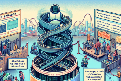 I en futuristisk forlystelsespark er der en spiralformet rutsjebane kaldet Enterprise SaaS, omgivet af mennesker, der venter i kø, skilte med AI-tema og boder, der diskuterer AI-risici, sikkerhed og paradokser, alt sammen i en farverig tegneseriestil. - Kunstig intelligens AI