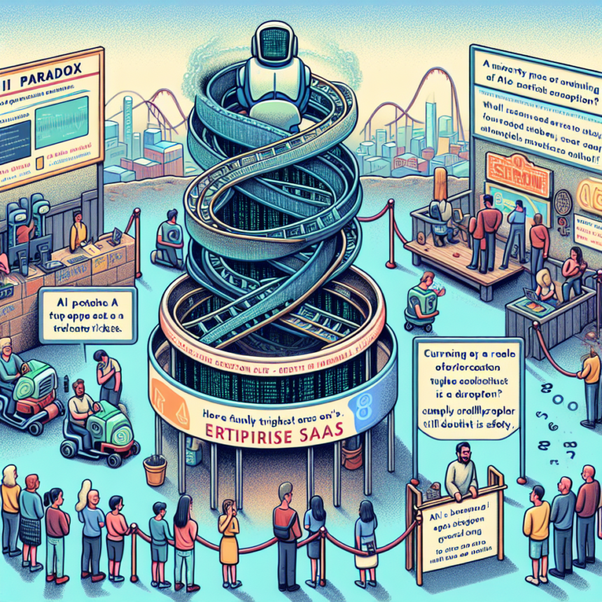 I en futuristisk forlystelsespark er der en spiralformet rutsjebane kaldet Enterprise SaaS, omgivet af mennesker, der venter i kø, skilte med AI-tema og boder, der diskuterer AI-risici, sikkerhed og paradokser, alt sammen i en farverig tegneseriestil. - Kunstig intelligens AI