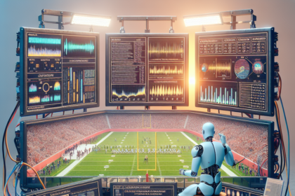 En robot sidder ved et skrivebord med flere skærme, der viser sportsanalyser og grafer, og ser en live fodboldkamp. På skrivebordet ligger en sandwich, popcorn og gadgets, som blander teknologi med sport og snacks. - Kunstig intelligens AI