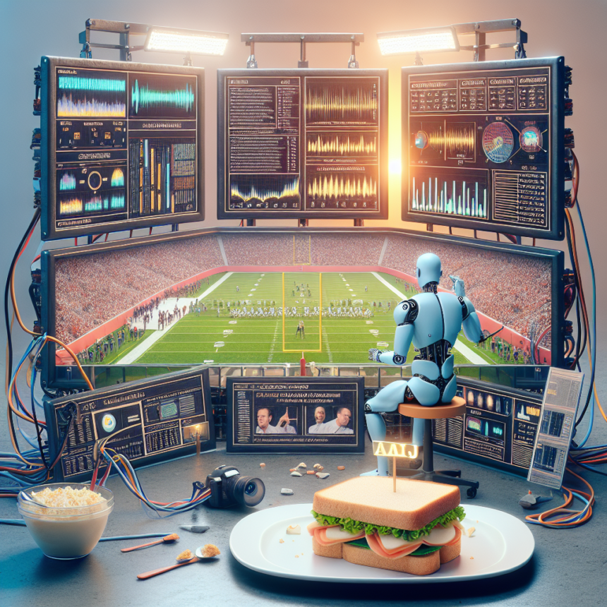 En robot sidder ved et skrivebord med flere skærme, der viser sportsanalyser og grafer, og ser en live fodboldkamp. På skrivebordet ligger en sandwich, popcorn og gadgets, som blander teknologi med sport og snacks. - Kunstig intelligens AI