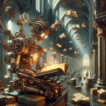 En steampunk-robot lavet af tandhjul læser en lysende bog i et stort, udsmykket bibliotek med høje buer og søjler. Mange bøger svæver på magisk vis gennem luften over rækker af stablede bøger på gulvet. - Kunstig intelligens AI