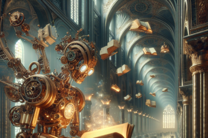 En steampunk-robot lavet af tandhjul læser en lysende bog i et stort, udsmykket bibliotek med høje buer og søjler. Mange bøger svæver på magisk vis gennem luften over rækker af stablede bøger på gulvet. - Kunstig intelligens AI