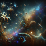 Et surrealistisk, farverigt digitalt kunstværk viser fantastiske blomster, hvirvlende lys og glødende kugler med lysende sommerfugle, der flagrer mellem dem, på en kosmisk, stjerneklar natlig baggrund. - Kunstig intelligens AI