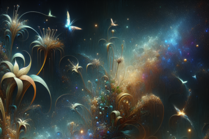 Et surrealistisk, farverigt digitalt kunstværk viser fantastiske blomster, hvirvlende lys og glødende kugler med lysende sommerfugle, der flagrer mellem dem, på en kosmisk, stjerneklar natlig baggrund. - Kunstig intelligens AI