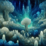 En glødende, overjordisk skov med lysende træer og planter i blå og grønne nuancer under en stjerneklar nattehimmel, der skaber en magisk, drømmeagtig atmosfære med indviklede, bioluminescerende detaljer. - Kunstig intelligens AI