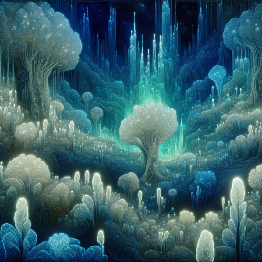 En glødende, overjordisk skov med lysende træer og planter i blå og grønne nuancer under en stjerneklar nattehimmel, der skaber en magisk, drømmeagtig atmosfære med indviklede, bioluminescerende detaljer. - Kunstig intelligens AI