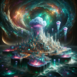 En livlig, futuristisk by med lysende skyskrabere ligger på en ø omgivet af vand. Over den oplyser svævende lyserøde vandmænd og en lysende sky en hvirvlende, kosmisk himmel i blågrønne, lilla og gyldne nuancer. - Kunstig intelligens AI